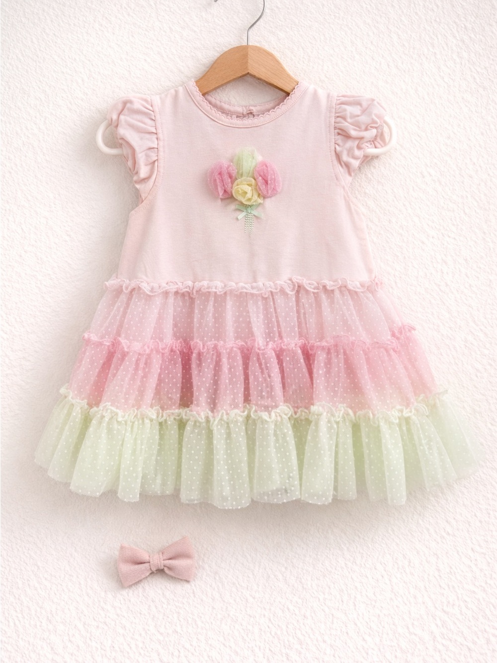 Little Me Pink and Pale Yellow Tulle Ruffle Dress